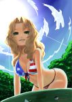  1girl abazu-red alternate_eye_color american_flag_bikini arm_support artist_name bikini blonde_hair breasts cleavage clouds cloudy_sky commentary_request cursive day flag_print forest from_below front-tie_bikini front-tie_top girls_und_panzer green_eyes hair_intakes highres kay_(girls_und_panzer) leaning_forward light_smile long_hair looking_at_viewer medium_breasts nature outdoors parted_lips signature sky solo standing sun swimsuit tree twitter_username upper_body 