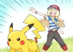  1girl absurdres blonde_hair cosplay highres lillie_(pokemon) nanakusa_(user_rnpt7322) pikachu pokemon pokemon_(creature) satoshi_(pokemon) satoshi_(pokemon)_(cosplay) shirt striped striped_shirt z-ring 