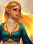  1girl bellhenge blonde_hair blue_clothes blue_eyes braid hair_ornament hairclip long_hair looking_to_the_side open_mouth pointy_ears princess_zelda solo the_legend_of_zelda the_legend_of_zelda:_breath_of_the_wild triforce upper_body 