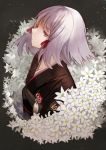  1girl albino bangs fatal_frame fatal_frame_5 flower grey_hair hair_ribbon highres japanese_clothes kimono obi original red_eyes ribbon sash sayuki_momone shiragiku_(fatal_frame) short_hair solo tress_ribbon 