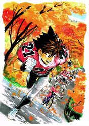  1girl 6+boys anezaki_mamori autumn autumn_leaves bicycle brown_hair character_request clenched_hands eyeshield_21 football_uniform gloves ground_vehicle highres hiruma_youichi kobayakawa_sena kurita_ryokan male_focus multiple_boys murata_yuusuke no_headwear no_helmet official_art running solo_focus spiky_hair sportswear white_gloves 