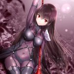  1girl bodysuit breasts covered_navel fate/grand_order fate_(series) gae_bolg long_hair looking_at_viewer navel pauldrons polearm purple_bodysuit purple_hair red_eyes scathach_(fate/grand_order) smile solo spear weapon yasuyuki 