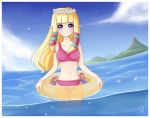  1girl beach bikini blonde_hair bubble deviantart exceru-hensggott flower innertube long_hair nintendo partially_submerged pink_bikini princess_zelda the_legend_of_zelda water 