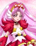  1girl akagi_towa belt choker cowboy_shot cure_scarlet detached_sleeves earrings go!_princess_precure hanzou jewelry long_hair magical_girl pink pink_background pink_hair pointy_ears precure red_eyes red_skirt skirt smile solo sparkle tiara 