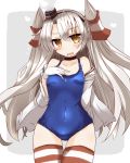  1girl :d amatsukaze_(kantai_collection) arm_behind_back blue_swimsuit blush breast_suppress breasts brown_eyes collarbone eyebrows_visible_through_hair fang gloves hair_between_eyes hair_tubes hat head_tilt heart highres kantai_collection long_hair looking_at_viewer medium_breasts off_shoulder one-piece_swimsuit open_clothes open_mouth open_shirt outside_border shirogane_(platinum) shirt silhouette silver_hair smile solo steam striped striped_legwear sweatdrop swimsuit thigh-highs two_side_up very_long_hair white_gloves 