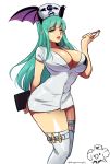  1girl bat_wings breasts cleavage d-ryuu demon_girl eyeshadow garters green_eyes green_hair hat head_wings large_breasts lips makeup morrigan_aensland no_bra nurse nurse_cap solo succubus thigh-highs uniform vampire_(game) white_legwear wings 