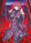  1girl absurdres arm_support clouds colalrbone collarbone ed_ees fate/grand_order fate_(series) full_body ground hand_on_own_chest high_heels highres kumasang lips long_hair polearm purple_hair qariza red_eyes scathach_(fate/grand_order) see-through sitting skin_tight sky solo spaulders spear wariza weapon 