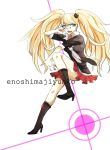  1girl blonde_hair boots character_name cross-laced_footwear dangan_ronpa dangan_ronpa_1 enoshima_junko high_boots high_heel_boots high_heels highres lace-up_boots long_hair nail_polish necktie reking solo spoilers thighs traditional_media twintails white_background 