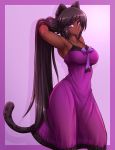  1girl absurdres animal_ears animal_print armpits arms_up black_hair breasts cat_ears cat_tail dark_skin highres large_breasts leopard_ears leopard_print leopard_tail long_hair looking_at_viewer mazume nightgown open_mouth original panties purple_panties see-through simple_background solo standing tail underwear very_long_hair violet_eyes 