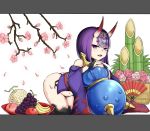  1girl absurdres ass banana bare_shoulders branch cherry_blossoms fan fang fate/grand_order fate_(series) food fruit grapes highres horns jibako kadomatsu kneeling looking_at_viewer new_year purple_hair short_hair shuten_douji_(fate/grand_order) simple_background solo thighs violet_eyes 