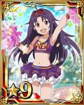  1girl ahoge arm_up armpits breasts card_(medium) cheerleader cleavage collarbone crop_top hairband layered_skirt long_hair looking_at_viewer midriff navel number open_mouth pointy_ears pom_pom_(clothes) purple_hair red_eyes red_hairband small_breasts solo star sword_art_online wrist_cuffs yuuki_(sao) 