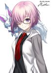  1girl black_shirt breasts character_name creature fate/grand_order fate_(series) fou_(fate/grand_order) glasses hair_over_one_eye hood hoodie jacket long_sleeves looking_at_viewer necktie on_shoulder open_clothes open_jacket pink_hair pocket red_necktie sakiyamama shielder_(fate/grand_order) shirt short_hair twitter_username upper_body violet_eyes white_background white_collar white_jacket 