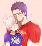  1boy 1girl alternate_costume arts_shirt blue_shirt blush buster_shirt fate/grand_order fate_(series) father_and_daughter hair_over_one_eye lancelot_(fate/grand_order) looking_up nkdume_(dadadadann) pink_background purple_hair red_shirt shielder_(fate/grand_order) shirt short_hair sweatdrop upper_body violet_eyes 