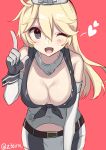  1girl blonde_hair blue_eyes breasts cleavage elbow_gloves fingerless_gloves front-tie_top gloves hair_between_eyes highres index_finger_raised iowa_(kantai_collection) kantai_collection large_breasts leaning_forward looking_at_viewer miniskirt mizuki_eiru_(akagi_kurage) open_mouth red_background simple_background skirt solo star star-shaped_pupils symbol-shaped_pupils twitter_username 