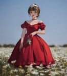  1girl bare_shoulders brown_eyes brown_hair daisy day dress f.k_(hs225kr) field flower flower_field highres looking_at_viewer mouth_hold off_shoulder original outdoors red_dress red_flower red_rose rose short_hair sky solo standing white_flower 