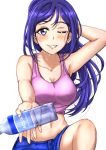  1girl blue_hair blush bottle breasts cleavage earrings hand_behind_head highres jewelry large_breasts long_hair looking_at_viewer love_live! love_live!_sunshine!! matsuura_kanan midriff one_eye_closed outstretched_hand ponytail rushsoldier smile solo violet_eyes water_bottle 