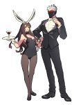  1boy 1girl absurdres adjusting_bow alcohol animal_ears bare_shoulders belda34 black_bow black_bowtie black_jacket black_leotard black_pants black_shoes bow bowtie breasts bunny_girl covered_mouth cup d.va_(overwatch) detached_collar dress_shirt drinking_glass face_mask facepaint facial_mark fake_animal_ears fishnet_pantyhose fishnets formal glass gloves hand_on_hip highres holding holding_plate jacket leotard long_sleeves looking_at_viewer mask medium_breasts overwatch pants pantyhose pink_lips plate rabbit_ears scar scar_across_eye shirt shoes short_hair simple_background soldier:_76_(overwatch) standing strapless strapless_leotard suit visor whisker_markings white_background white_gloves white_hair white_shirt wine wine_glass 