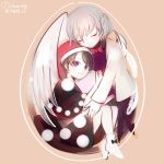  2girls beige_background book bow bowtie braid closed_eyes doremy_sweet dress english feathers french_braid full_body hat hug jacket kishin_sagume long_sleeves looking_at_viewer multicolored_eyes multiple_girls nightcap pillow pillow_hug pom_pom_(clothes) short_sleeves silver_hair simple_background single_wing sitting smile socks taka8 touhou twitter_username wings 