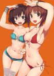  2girls akiyama_yukari arm_above_head armpits bikini blush boyshorts breasts brown_eyes brown_hair cleavage front-tie_top girls_und_panzer groin hand_holding hip_bones medium_breasts messy_hair multiple_girls navel nishizumi_miho short_hair side-tie_bikini small_breasts smile swimsuit tamahiyo 