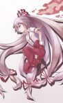  1girl absurdly_long_hair baggy_pants bangs bow brown_eyes brown_shoes burning buttons cyan_aeolin dress_shirt eyebrows_visible_through_hair from_side fujiwara_no_mokou full_body gradient gradient_background hair_bow hand_in_pocket highres long_hair looking_to_the_side pants pocket profile red_pants shadow shirt shoes short_sleeves smile solo suspenders torn_clothes torn_sleeves touhou very_long_hair white_hair white_shirt wrist_cuffs 