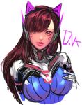  1girl animal_ears animal_print bangs bodysuit breasts brown_eyes brown_hair bunny_print cat_ears character_name d.va_(overwatch) eyes_visible_through_hair facepaint facial_mark fake_animal_ears gloves hair_over_one_eye hand_on_own_chest head_tilt headphones high_collar lips long_hair looking_at_viewer medium_breasts overwatch parted_lips pilot_suit ribbed_bodysuit shoulder_pads simple_background sketch skin_tight solo swept_bangs unfinished upper_body whisker_markings white_background white_gloves yy6242 