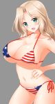  1girl alternate_costume american_flag_bikini arm_at_side bangs bare_shoulders bikini blonde_hair breasts cleavage collarbone flag_print girls_und_panzer green_eyes highres kay_(girls_und_panzer) large_breasts long_hair looking_at_viewer micro_bikini midriff navel open_mouth parted_bangs shinki_(shinki59) skindentation swimsuit thighs under_boob 