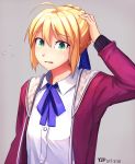  1girl ahoge alternate_costume artoria_pendragon_(all) blonde_hair crying fate_(series) flying_sweatdrops green_eyes grey_background hand_on_own_head jacket saber solo yip 