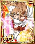  1girl asuna_(sao) breastplate brown_eyes brown_hair card_(medium) detached_sleeves holding holding_sword holding_weapon long_hair looking_at_viewer number pleated_skirt red_skirt skirt solo star sword sword_art_online thigh-highs weapon white_legwear 