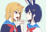  2girls animal_ears artist_name bangs_pinned_back blonde_hair blue_hair brown_eyes cat_ears flip_flappers jacket kemonomimi_mode kokomine_cocona multicolored_hair multiple_girls nagisa_(12363) open_mouth rabbit_ears school_uniform serafuku short_hair streaked_hair violet_eyes yayaka 