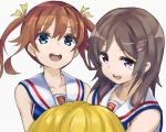  2girls badge black_hair blue_eyes brown_hair cheerleader china_moeka hair_ornament hair_ribbon hairclip high_school_fleet long_hair looking_at_viewer minutachi misaki_akeno multiple_girls open_mouth pom_poms ribbon sailor_collar short_hair twintails violet_eyes white_background yellow_ribbon 