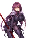 1girl armor blush bodysuit breasts covered_navel erect_nipples fate/grand_order fate_(series) gae_bolg grin hair_intakes hand_on_own_chest highres kure_masahiro large_breasts long_hair looking_at_viewer pauldrons polearm purple_bodysuit purple_hair red_eyes scathach_(fate/grand_order) shiny shiny_hair sidelocks skin_tight smile solo spear weapon 