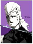  1boy 2016 artist_name character_name collarbone earrings eyepatch french hatching_(texture) highres jean_pierre_polnareff jewelry jojo_no_kimyou_na_bouken male_focus monochrome portrait purple_background rapier scar scar_across_eye solo spot_color sword weapon white_border zazamiso 