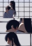  2girls akagi_(kantai_collection) between_breasts black_hair blush brown_hair closed_eyes highres hug japanese_clothes kaga_(kantai_collection) kantai_collection kisetsu long_hair multiple_girls short_hair shouji side_ponytail sliding_doors yuri 