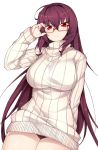  1girl adjusting_glasses ahoge bangs bespectacled black_panties blush breasts cowboy_shot eyebrows_visible_through_hair eyelashes fate/grand_order fate_(series) glasses hair_between_eyes hair_intakes haruyuki_(yukichasoba) large_breasts long_hair long_sleeves looking_at_viewer no_pants panties purple_hair red-framed_eyewear red_eyes ribbed_sweater scathach_(fate/grand_order) simple_background solo sweater turtleneck_sweater underwear white_background white_sweater 