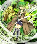  1girl absurdres blush collarbone dragon duel_monster green_eyes green_hair hair_ornament highres jacket long_hair looking_at_viewer open_mouth petit_dragon ponytail ribbon skirt smile solo staff tahira_ureka wynn yu-gi-oh! 