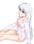  1girl bottomless breasts cleavage collarbone highres long_hair medium_breasts naked_shirt open_clothes open_shirt original shirt silver_hair simple_background solo violet_eyes white_background white_shirt wish_white 