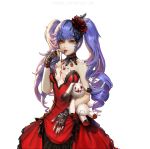  1girl backlighting blood breasts character_request choker detached_collar dress fingerless_gloves flower gloves hair_flower hair_ornament highres lace lavender_hair long_hair no_bra nose pale_skin red_dress red_eyes ringlets sangrde slit_pupils small_breasts solo strapless strapless_dress stuffed_animal stuffed_bunny stuffed_toy twintails white_background 