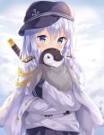  1girl aiguillette bird blue_eyes blush commentary covering_mouth epaulettes flat_cap hat hibiki_(kantai_collection) highres hitsukuya hug kantai_collection katana long_hair looking_at_viewer military military_uniform penguin silver_hair solo sword uniform weapon 