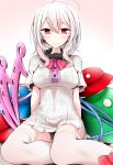  1girl alternate_hair_color asymmetrical_wings bangs blush breasts closed_mouth dress gradient gradient_background houjuu_nue looking_at_viewer medium_breasts microdress oouso_(usotsukiya) short_sleeves sitting smile solo thigh-highs touhou ufo white_dress white_hair white_legwear wings 
