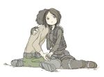  1boy 1girl bad_end boots cassian_andor colored_pencil_(medium) fingerless_gloves gloves good_end graphite_(medium) hand_holding hug jyn_erso rogue_one:_a_star_wars_story scan sitting sketch spoilers star_wars traditional_media vest 