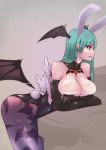  adunba_rell animal_ears animal_print aqua_hair ass bare_shoulders bat_print breast_press breasts bunny_tail cleavage collarbone detached_collar elbow_gloves eyelashes gloves head_wings large_breasts long_hair morrigan_aensland pantyhose profile rabbit_ears tail vampire_(game) wings 