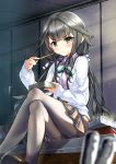  1girl adagaki_aki black_legwear blurry bow brown_eyes carillus chopsticks depth_of_field eating food food_on_face grey_hair hair_bow hair_ribbon highres holding legs_crossed long_hair looking_at_viewer low_twintails masamune-kun_no_revenge obentou pantyhose plaid plaid_skirt pleated_skirt ribbon rice rice_on_face school_uniform sitting skirt solo twintails 
