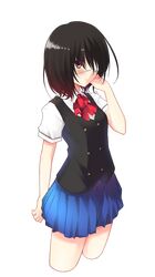  1girl another black_hair blue_skirt brown_eyes cropped_legs eyepatch hand_in_hair highres misaki_mei pleated_skirt short_hair simple_background skirt solo white_background wish_white 