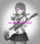  1girl breasts greyscale guitar instrument long_hair makurappoi monochrome partially_colored pleated_skirt sakaiya_yumeno school_uniform skirt solo sweater_vest tokyo_7th_sisters violet_eyes 