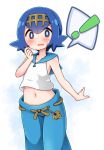  ! 1girl blue_eyes blue_hair blue_pants blush hairband highres midriff navel open_mouth pants pokemon pokemon_(game) pokemon_sm shirt short_hair simple_background sleeveless sleeveless_shirt solo spoken_exclamation_mark suiren_(pokemon) suwa_yasai trial_captain white_background 