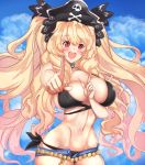  1girl :d anne_bonny_(fate/grand_order) anne_bonny_(swimsuit_archer)_(fate) belt bikini black_bikini blonde_hair blue_sky blush breasts clouds curvy day fate/grand_order fate_(series) hat highres koi_dance large_breasts long_hair looking_at_viewer navel open_mouth pirate_hat red_eyes shorts sky smile solo swimsuit teeth twintails untsue very_long_hair wide_hips 