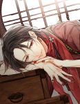  1boy brown_hair drawer dutch_angle earrings icylove japanese_clothes jewelry kashuu_kiyomitsu long_hair male_focus mole mole_under_mouth nail_polish parted_lips ponytail red_eyes red_nails red_scarf scarf signature smile solo tasuki touken_ranbu upper_body window 