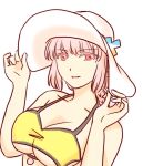  1girl adjusting_clothes adjusting_hat bikini breasts cleavage fate/grand_order fate_(series) florence_nightingale_(fate/grand_order) hat large_breasts navel open_mouth pink_hair purecoma red_eyes solo swimsuit under_boob white_background yellow_bikini 