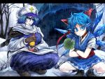  2girls alcohol blue_eyes blue_hair boots bottle bow cave cirno commentary_request dress forehead_tattoo gloves hair_bow hat ice ice_wings letty_whiterock lily_pad multicolored_hair multiple_girls purple_hair russian ryuuichi_(f_dragon) scarf short_hair short_sleeves skirt snow snowflakes sparkle squatting symbol-shaped_pupils tattoo touhou tree vodka wings winter 