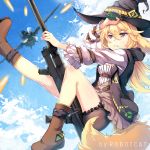  1girl aircraft airplane blonde_hair bloomers boots borrowed_character breasts cloak commentary danmaku explosive frown grenade gun hair_between_eyes hat highres hood hooded_cloak long_hair original red_eyes rifle robot_cat small_breasts solo tail underwear weapon witch_hat 